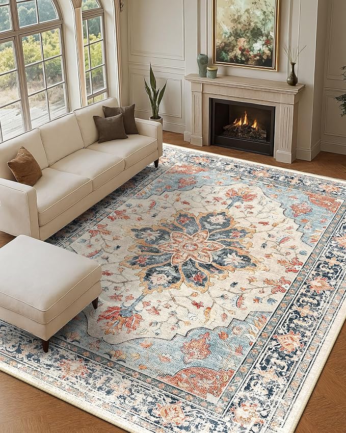 RELEANY Washable Area Rug, Large 9'x12', Beige/Blue/Orange | Non-Slip, Water Repellent, Pet Friendly, Easy to Clean, Vintage Floral Boho Decor for Living Room Bedroom Dining Room