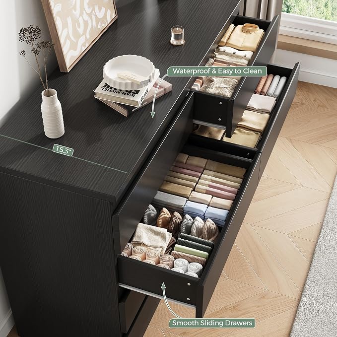 MapleGrace Modern 8 Drawer Dresser, Simply Chest of Drawers for Bedroom, Wooden Storage Dresser with Deep Drawers for Living Room/Hallway/Entryway (Black)