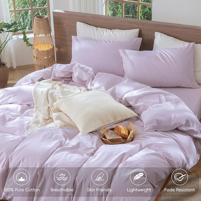 MooMee Striped Duvet Cover Set 100% Washed Cotton Linen Like Queen | Relaxed Linen-like Texture. Soft, Breathable & Long-lasting Comfort. Lightweight. Hidden Zipper with 8 Interior Corner Ties