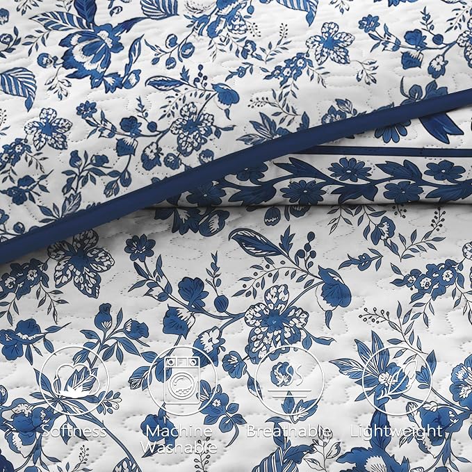 FLYMME Blue and White Vintage Floral Quilt Set Twin Size, 2-Piece Classic Reversible Bedspread Coverlet with 1 Pillow Sham, Lightweight Botanical Bedding Set for All Season