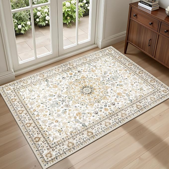 2x3 Area Rugs Living Room: Washable Vintage Rug for Bedroom Beige | Boho No Slip Stain Resistant Rug Soft Indoor Decor Floor Floral 2x3 Area Rugs for Dining Room, Nursery, Hallway, Home Office