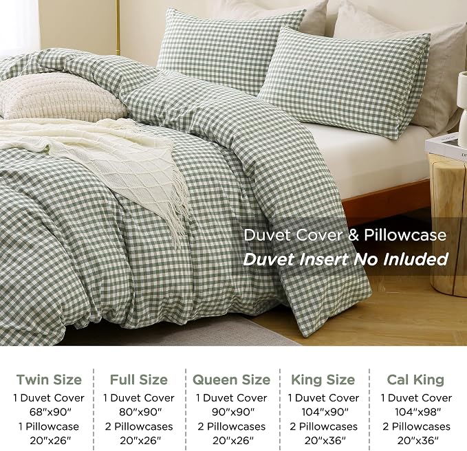 TOCOMOA Green Gingham Duvet Cover Set Washed Cotton Like Linen, King | 100% Washed Cotton Linen-Like Feel Soft, Breathable & Comfy. Lightweight Bedding Set with Zipper & 8 Ties. 3 Pcs, No Insert