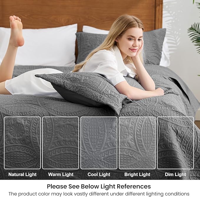 Love's cabin King Size Quilt Bedding Set Dark Grey Bedspreads - Bed Lightweight Bedspread Comforter - Coin Pattern Bedding Coverlet for All Season - 3 Pieces (1 Quilt, 2 Pillow Shams)