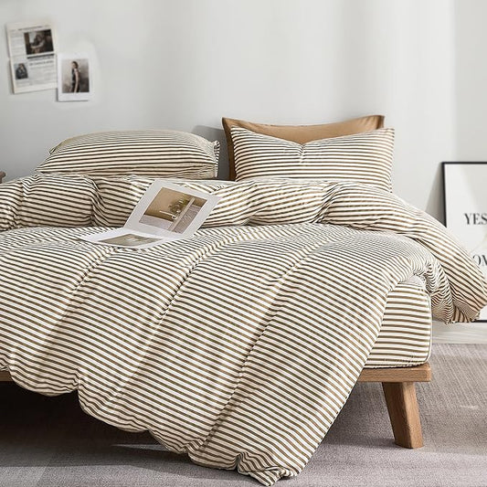 JELLYMONI 100% Cotton Classic Striped Queen Duvet Cover Set, Tan/White | Breathable Softness, Oeko-Tex Certified, Classic Stripes, 8 Corner Ties & Double Hidden Zipper