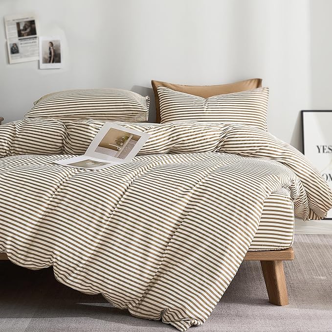 JELLYMONI 100% Cotton Classic Striped King Duvet Cover Set, Tan/White | Breathable Softness, Oeko-Tex Certified, Classic Stripes, 8 Corner Ties & Double Hidden Zipper