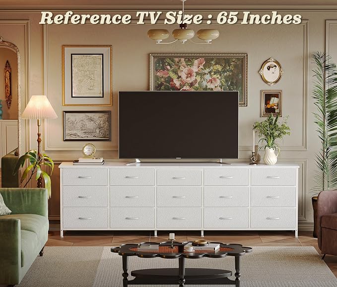 Huuger 78.7 inch Long Dresser for Bedroom, 15 Drawer Fabric Dresser for Closet, Large TV Stand for 65, 75, 85 inch TV, Wide Chest of Drawer with Storage, 78.7" W x 12.9" D x 26.7" H, White