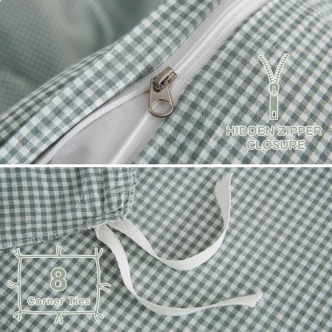 TOCOMOA Mini Gingham Green Duvet Cover Set Washed Cotton Like Linen, King | 100% Washed Cotton Linen-Like Feel Soft, Breathable & Comfy. Lightweight Bedding Set with Zipper & 8 Ties. 3 Pcs, No Insert