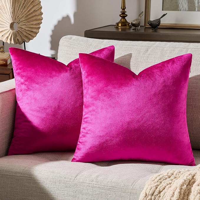 GIGIZAZA Hot Pink Velvet Pillow Covers 18x18 Decorative Pillows Pack of 2 | Throw Pillows for Couch Sofa,280gsm Soft Textured Fabric,Modern Square Pillowcases,Luxury Cushion Covers