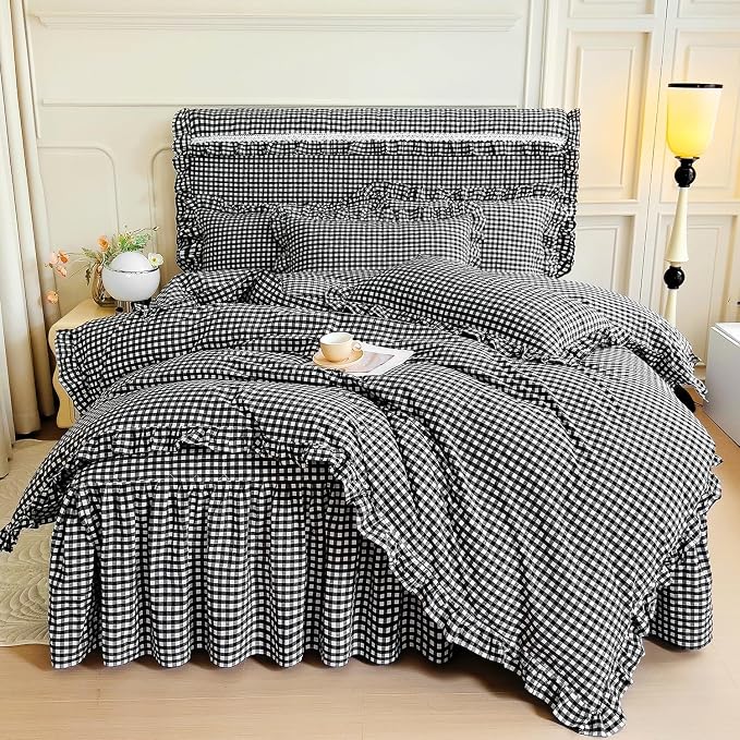 LifeTB Black Gingham Comforter Set Full Size Ruffle Plaid Checkered Pattern Comforter Farmhouse Plaid Gingham Bedding Comforter Set with 2 Pillowcases Luxury Soft Fluffy Grid Bedding Set Full Size