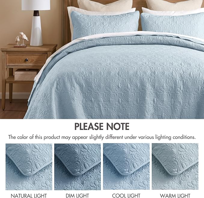 Madison Park King Quilt Bedding Set, Cottage-Inspired Damask, 3PC | All Season Quilted Coverlet, Classic Stitch Pattern Bedspread & Shams, Ultra Soft Microfiber Bedspread Set, Blue