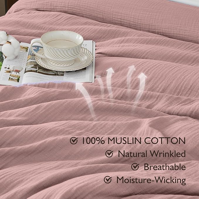 EMME Muslin Cotton Duvet Cover Set King Size Linen Like Soft Breathable Lightweight Summer Comforter Cover Set with Zipper Closure (King, 104"x90")