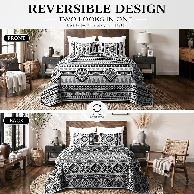 akkialla Reversible Black Boho Twin Quilt Set, 2-Piece Bohemian Aztec Microfiber Bedspread, Soft Lightweight All-Season Coverlet (1 Quilt, 1 Sham)