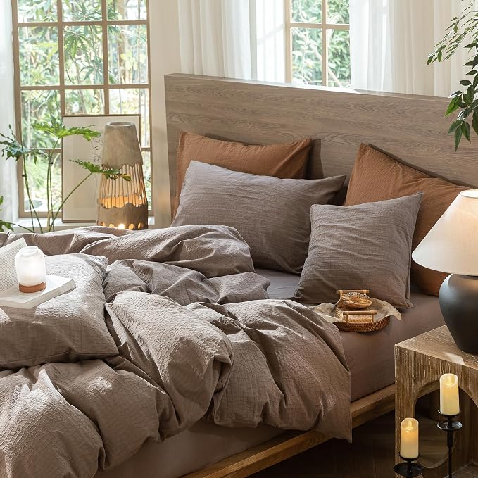 MooMee Wavy Striped Duvet Cover Set 100% Washed Cotton Linen Like Textured Breathable Durable Soft Comfy (Brown, Queen 90"x90")