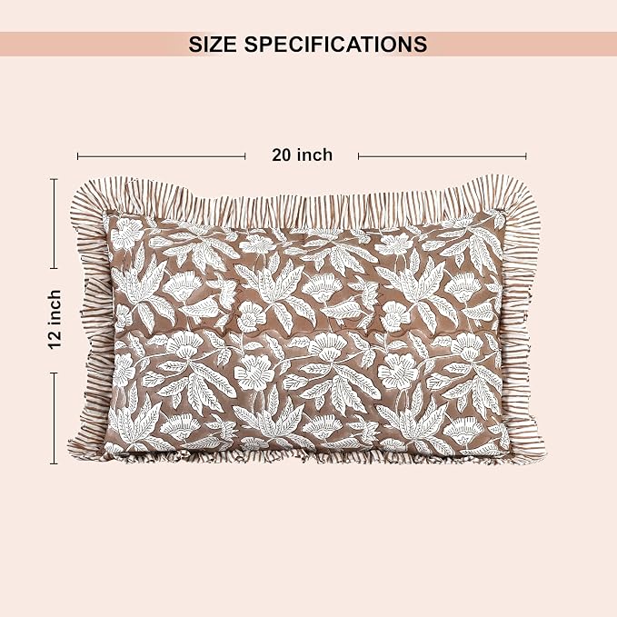 Ridhi Block Print Oak Brown Ruffle Lumbar Pillow Shams, 20" x 12" Set-1 | 100% cotton, Floral Pillowcase, Cushion Cover, Hidden Zipper, Cottagecore Bedding, farmhouse boho style, fits couch, sofa,Bed