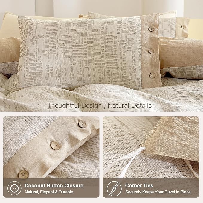 Oli Anderson 100% Egyptian Cotton Duvet Cover King Size, Khaki, 3 Pieces | Yarn Dyed Jacquard Textured Bedding Set, Striped Boho Design, Pre-Washed, Button Closure, Soft Breathable, All Season Comfort