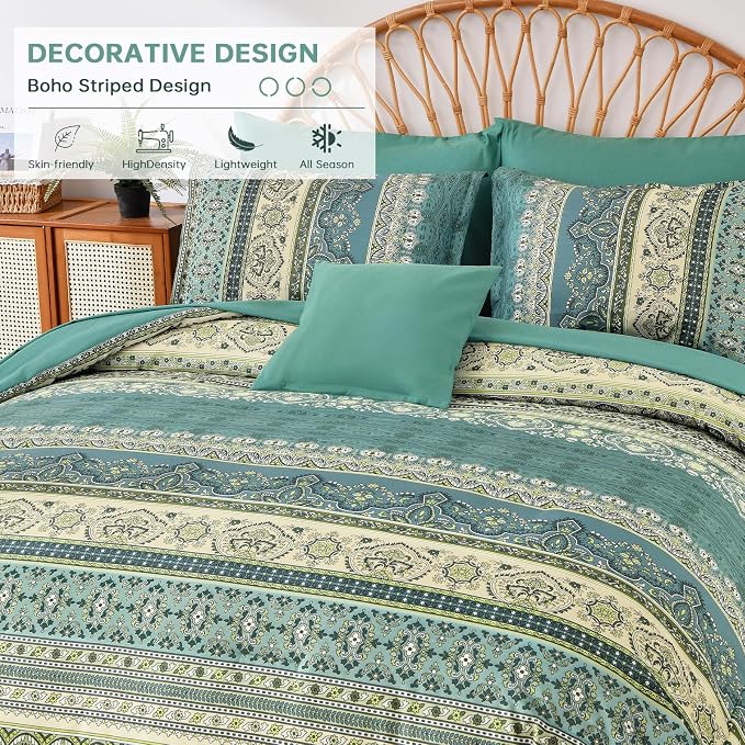 Cottolester Boho King Comforter Set 8 Pieces,Green Bohemian Comforter Paisley Striped Bed in A Bag,Soft Microfiber Bedding Set for All Season