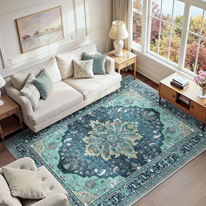 RELEANY Washable Area Rug, 6'x9', Teal | Non-Slip, Water Repellent, Pet Friendly, Easy to Clean, Vintage Floral Boho Decor for Living Room Bedroom Dining Room Office
