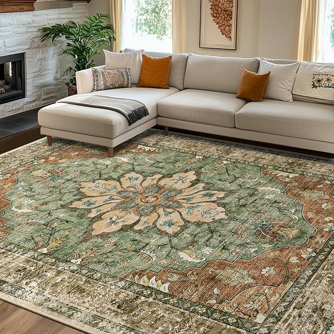 RELEANY Washable Area Rug, 7'x10', Brick/Brown/Green | Non-Slip, Water Repellent, Pet Friendly, Easy to Clean, Vintage Floral Boho Decor for Living Room Bedroom Dining Room Office