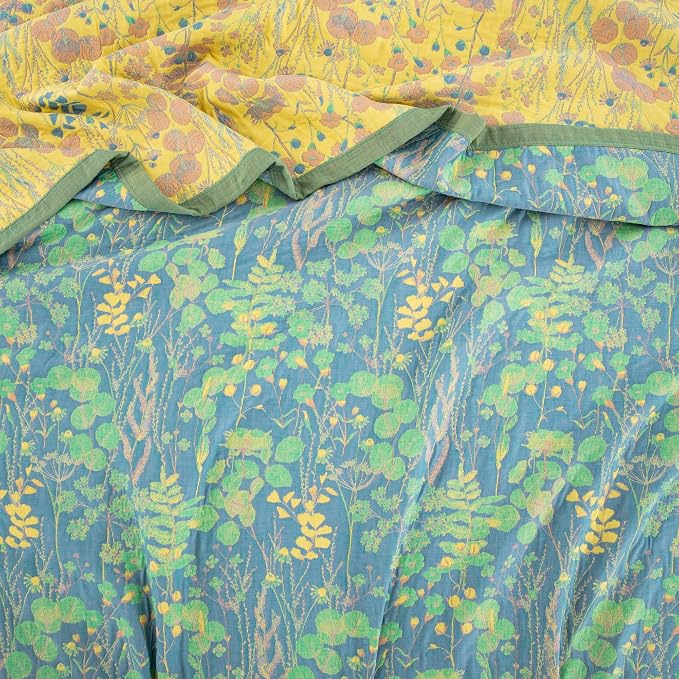 100% Cotton Muslin Botanical Blanket Jacquard Floral Plants Pattern Quilt, Soft Bed Cover Lightweight Breathable Gauzy Reversible Bedspread Coverlet Full/Queen(78"x94"), No Pillow Sham