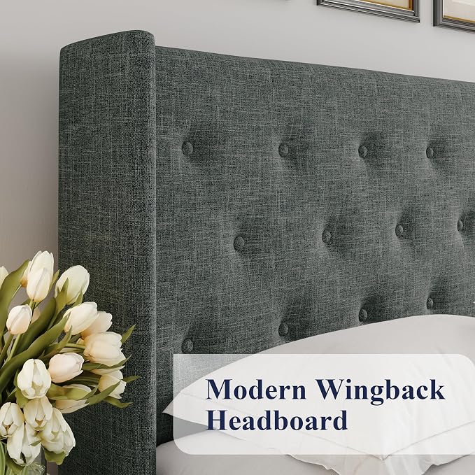 Allewie King Size Lift Up Storage Button-Tufted Bed Frame Dark Grey | Modern Wingback Headboard, Hydraulic Support Storage, No Box Spring Needed