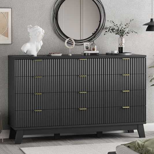 Xixini Fluted Dresser for Bedroom with 12 Drawers, 57" Wide Modern Chest of Drawers with Metal Handle, Wooden Dresser TV Stand, Wood Closet Clothes Storage Organizer for Living Room, Hallway, Black