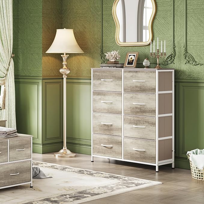 WLIVE Fabric Dresser for Bedroom, Tall Dresser with 8 Drawers, Storage Tower with Fabric Bins, Double Dressers, Chest of Drawers for Closet, Living Room, Hallway, Greige | Greige 8-drawer tall storage tower with fabric bins and wood tabletop, breathabl...