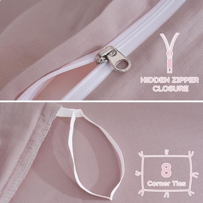 TOCOMOA 100% Muslin Cotton Duvet Cover Set, Pink, Queen | Linen-Like Texture. Ultra Soft, Breathable, Comfy & Lightweight Bedding Set with Zipper & 8 Ties. 3 Pcs, No Insert