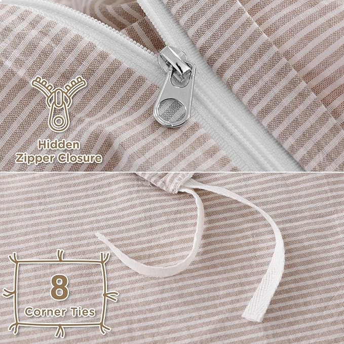 TOCOMOA Brown Striped Duvet Cover Set 100% Washed Cotton Like Linen, King | Linen-Like Feel Soft, Breathable & Comfy for All Season. Pinstriped Bedding Set with Zipper & 8 Ties. 3 Pcs, No Insert