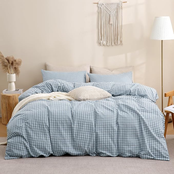 TOCOMOA Blue Gingham Duvet Cover Bedding Set Washed Cotton Like Linen Queen | 100% Washed Cotton Linen-Like Feel Soft, Breathable & Comfy. Lightweight Bedding Set with Zipper & 8 Ties. 3 Pcs, No Insert