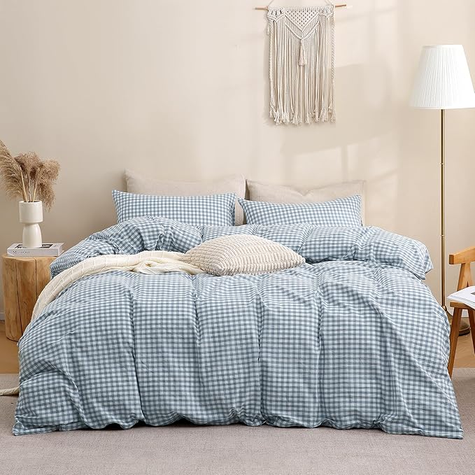 TOCOMOA Gingham Duvet Cover Set Washed Cotton Like Linen, Oversized Queen | 100% Washed Cotton Linen-Like Feel Soft, Breathable & Comfy. Lightweight Bedding Set with Zipper & 8 Ties. 3 Pcs, No Insert