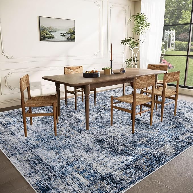 Area Rug 9x12 Washable Rug, Vintage Boho Medallion Rugs Non-Slip Soft Low Pile Large Distressed Rug Indoor Retro Carpet for Living Room Bedroom Dining Room Home Office (Blue, 9'x12')