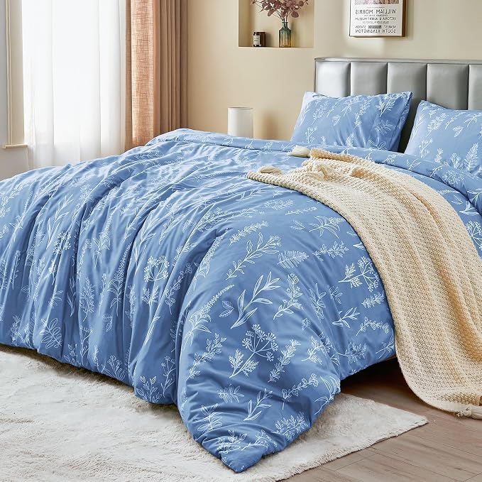 MUXHOMO Duvet Cover Twin/Twin XL Size Set, Reversible Floral Ice Blue Duvet Cover with Zipper Closure, 2 Pieces Botanical Patterns Soft Microfiber Bedding Set with 4 Ties (68"x90", 1 Pillow Case)