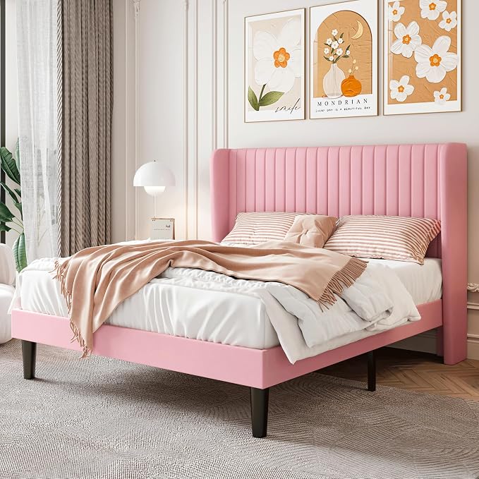 SHA CERLIN Queen Size Velvet Bed Frame, Tufted Wingback Headboard, Pink | 47'' Modern Vertical Channel Headboard, Upholstered Platform Bed, Wood Slats, No Box Spring Needed, Easy Assembly, Noise Free
