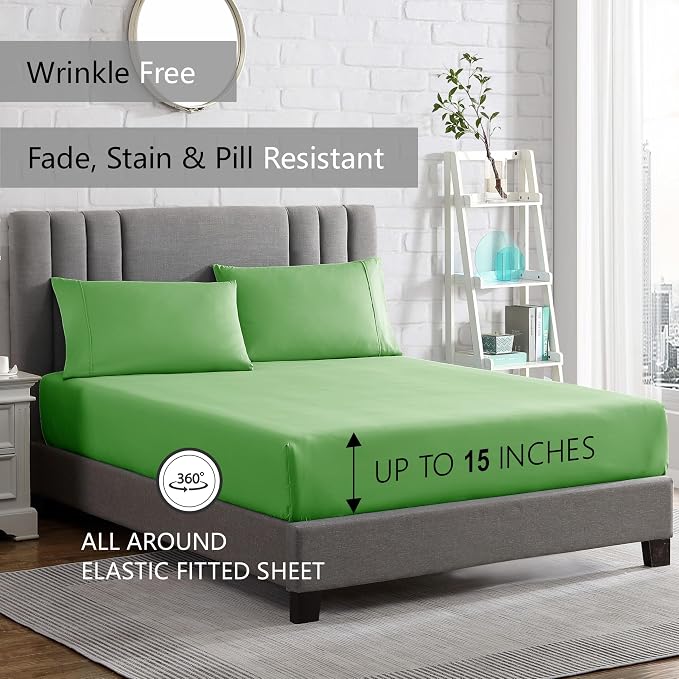 American Home Collection California King Sheet Set - Ultra-Soft Microfiber 15-Inch Deep Pocket - Wrinkle Free and Fade Resistant (Lime Green)