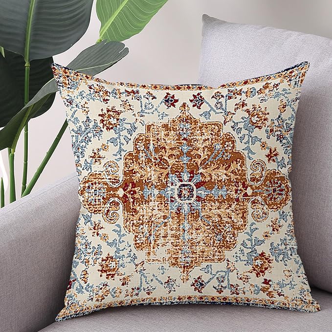 Waterproof Throw Pillow Covers 16X16 Inch Set of 2 Bohemian Vintage Carpet Pattern Brown Blue Ethnic Design Decorative Farmhouse for Couch Garden Balcony (Boho-3-1)