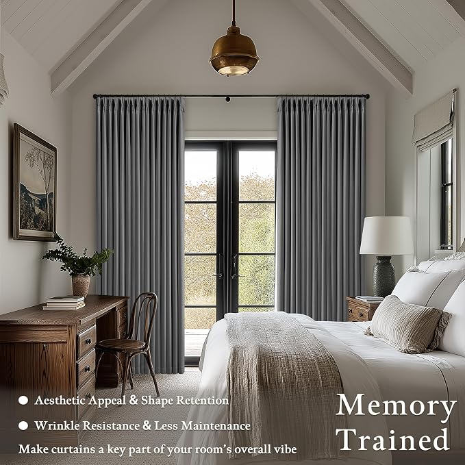 Dark Grey Pleated Thick Linen Blackout Curtains 108 Inches Long with Liner | 100% Black Out, Thermal Insulated, Pinch Pleat with Ring Hooks Back Tab, Room Darkening Drapes for Living Room, Charcoal Gray