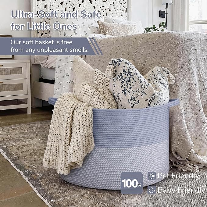 INDRESSME 115L Extra Large Woven Rope Blanket Basket Living Room Blue | 23.6" x 15.7" Storage baskets for toys laundry & pillows. Fits living room, bedroom or nursery décor. Soft-touch with handles