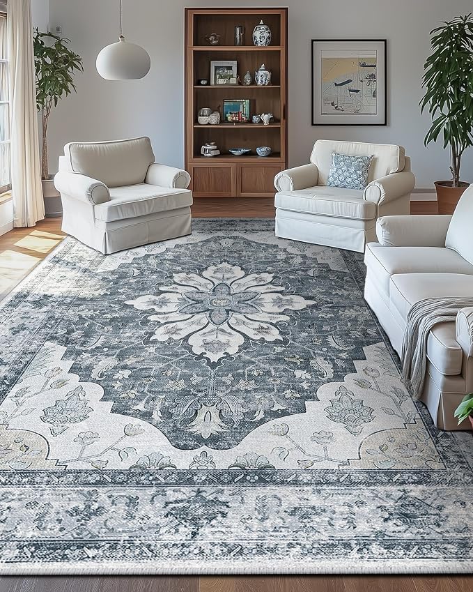 RELEANY Washable Area Rug, Large 9'x12', Grey/White/Beige | Non-Slip, Water Repellent, Pet Friendly, Easy to Clean, Vintage Floral Boho Decor for Living Room Bedroom Dining Room