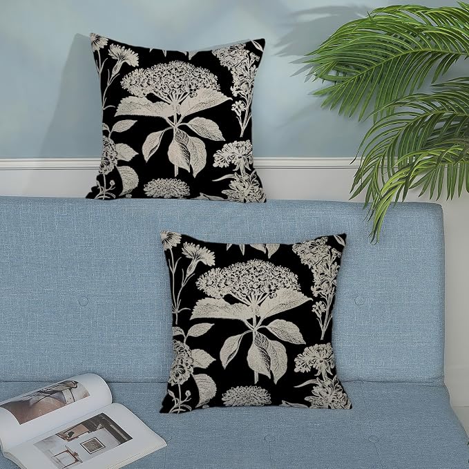 Vintage Floral Pillow Covers 18x18 Inch 2 Pcs Boho Black Hydrangea Flower Decor Throw Pillows Spring Summer Seasonal Outdoor Farmhouse Decoration Pillowcase Linen Cushion Cover for Couch