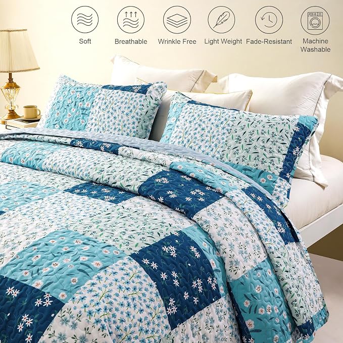 Whale Flotilla Patchwork Quilts Twin Size, Extra Soft Floral Bedspreads | Blue Reversible Lightweight Twin Quilt Bedding Set for Bed, Printed Coverlets with 1 Pillow Sham for All Seasons