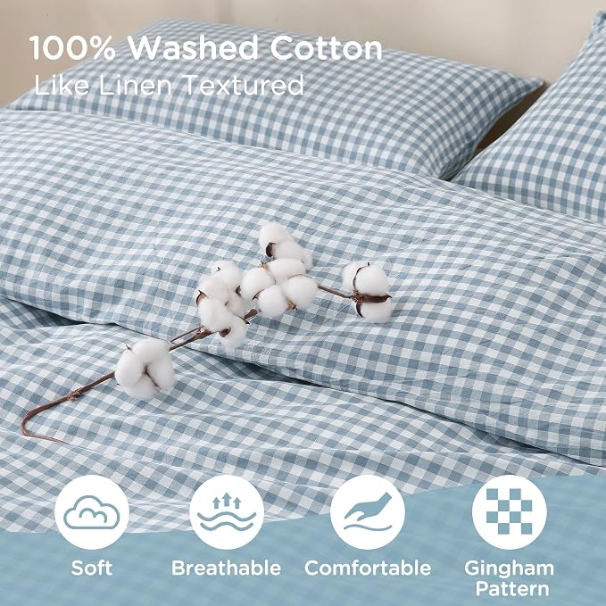 TOCOMOA Blue Gingham Duvet Cover Bedding Set Washed Cotton Like Linen Queen | 100% Washed Cotton Linen-Like Feel Soft, Breathable & Comfy. Lightweight Bedding Set with Zipper & 8 Ties. 3 Pcs, No Insert