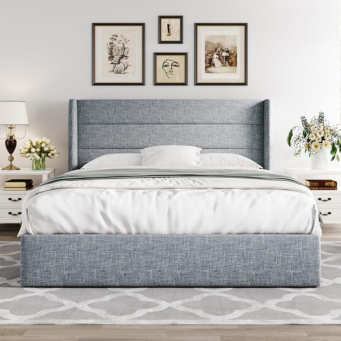 Allewie Queen Size Lift Up Hydraulic Storage Bed Frame Blue Grey | Modern Wingback Headboard, Hydraulic Support Storage, No Box Spring Needed