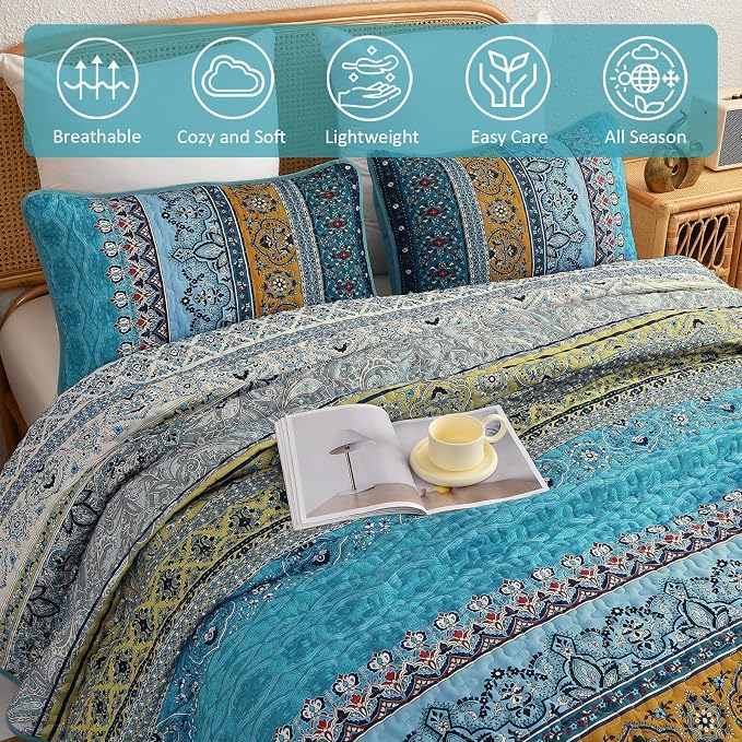 WONGS BEDDING Bohemian Queen Size,3 Pieces Soft Blue Bedspread Set | Boho Striped Printed Quilts Bedspread Set for All Seasons, Lightweight Microfiber Coverlet Set with Shams(96"x90")