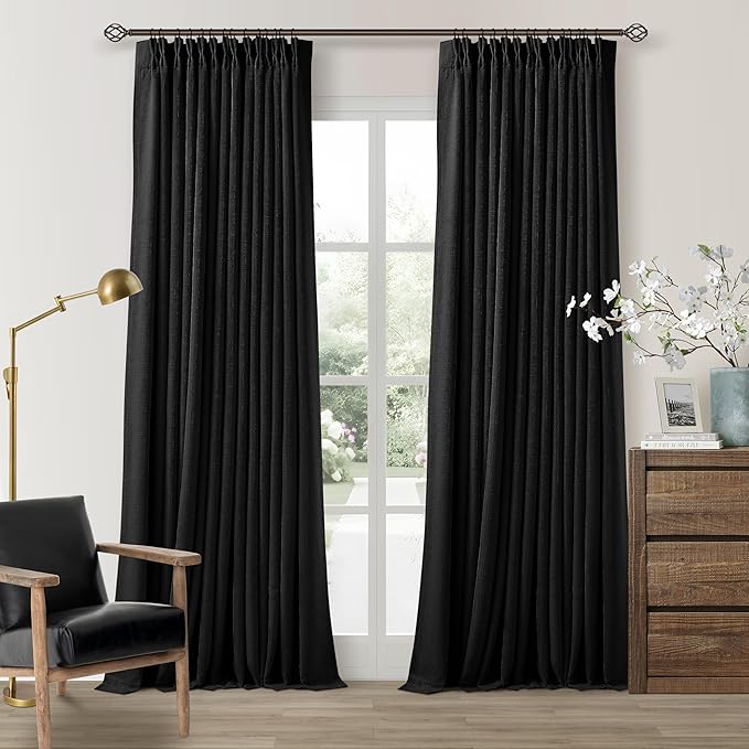 Black 102 Inch Pinch Pleated 100% Blackout Curtains with Liner 2 Panels Set | Thick Linen Textured, Energy Saving, Soundproof, Light UV Blocking, Thermal Insulated Curtain for Living Dining Room Bedroom