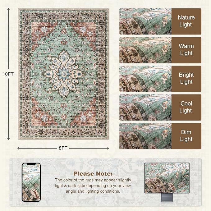 8x10 Area Rugs Living Room: Washable Rug for Bedroom Brown Green | Boho No Slip Stain Resistant Rug Soft Indoor Decor Floor Floral Area Rugs for Dining Room, Nursery, Hallway, Home Office