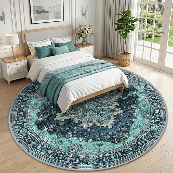 RELEANY Washable Area Rug, Round 10ft, Teal | Non-Slip, Water Repellent, Pet Friendly, Easy to Clean, Vintage Floral Boho Decor for Living Room Bedroom Dining Room