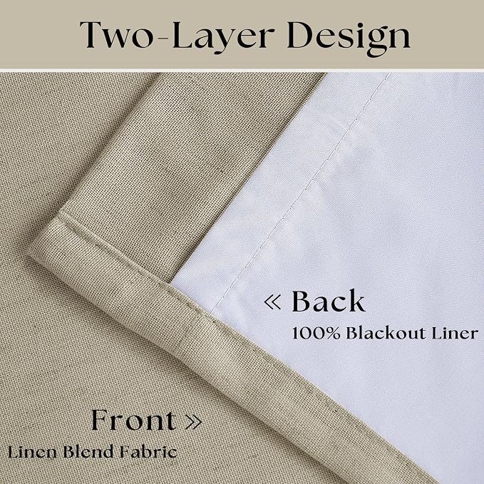 Burlywood Birch 100% Blackout Pinch Pleated Linen Curtains 95 Inches Long | Insulated Thermal Heat Reducing, Memory Shape, for Bedroom Living Room, Taupe Pleated Curtains with Hooks Rings, 2 Panels