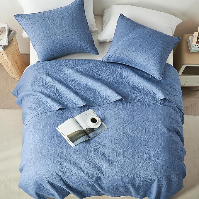 akkialla Queen Quilt Bedding Set,Bluish Grey Ultrasonic Full/Queen Quilt Set,Lightweight Soft Bedspread Coverlet,Modern Style Coin Pattern Bed Cover for All Seasons,3 Piece(1 Quilt,2 Pillow Shams)