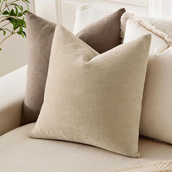 MIULEE Textured Chenille Throw Pillow Covers 18x18 Inch Beige | Pack of 2 Decorative Soft Throw Pillows, Solid Textured Cushion Covers, Modern Home Decor for Couch Sofa Bedroom Living Room