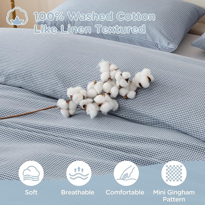 TOCOMOA Mini Gingham Blue Duvet Cover Set Washed Cotton Like Linen, Queen | 100% Washed Cotton Linen-Like Feel Soft, Breathable & Comfy. Lightweight Bedding Set with Zipper & 8 Ties. 3 Pcs, No Insert